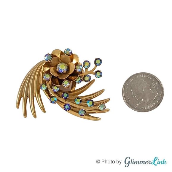Vintage Kramer Floral Spiral Aurora Borealis Rhinestones Gold Tone Brooch - Picture 5 of 8